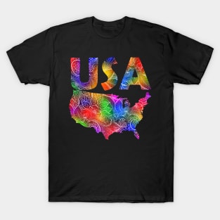 Colorful mandala art map of the United States of America with text in multicolor pattern T-Shirt